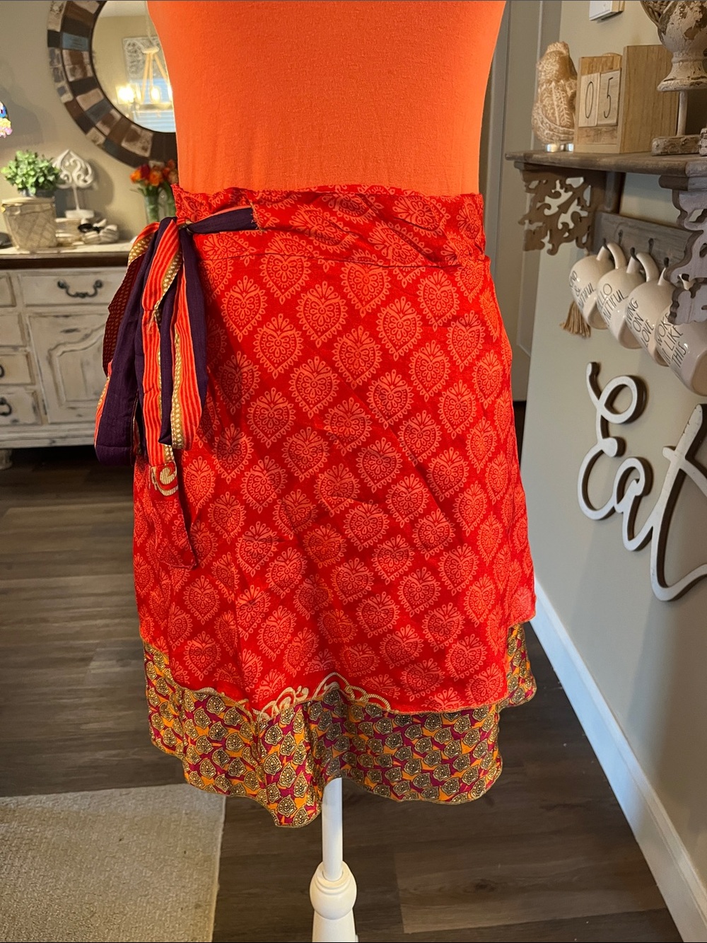 Earthbound Red Printed Wrap Skirt with Contrasting Hem